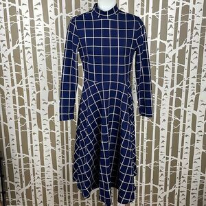 Navy & White Window Pane Plaid Stretch Fit & Flare Mock Neck Dress sz S